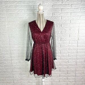 Shein Burgundy Fit and Flare Dress Silver Sequined Sheer Black Overlay Sz Large